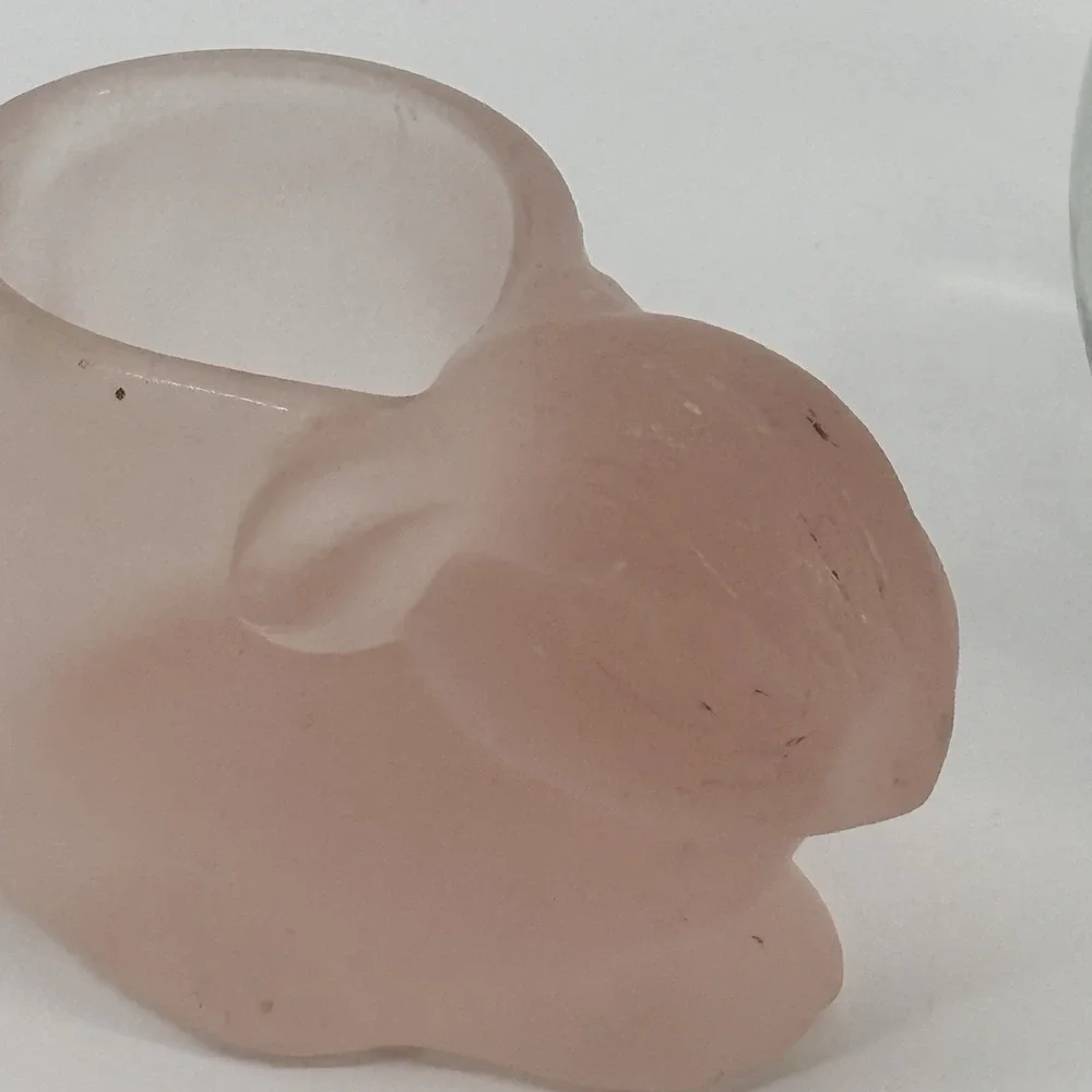 2 Vintage Indiana Glass Bunny Rabbit Votive‎ Candle Holder Pink Satin & Clear